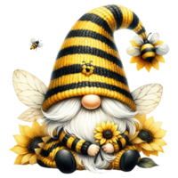 ai generiert Fantasie Gnom mit Sonnenblumen und Bienen. png