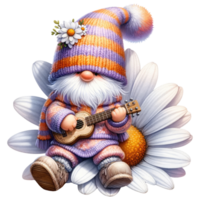 AI generated Gnome with Daisies and Striped Hat. png