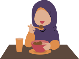 tekenfilm van moslim vrouw aan het eten een kom van gehaktballen png