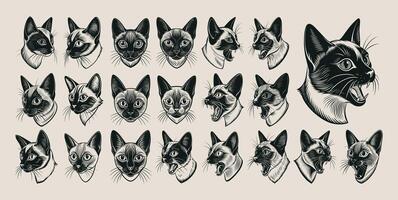 AI generated Collection of cute meowing siamese cat head in side view design vector