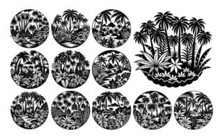 ai generado colección de algunos palma árbol selva en circulo formar diseño vector
