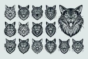 AI generated Flat detailed engraving meowing siberian cat head design vector set