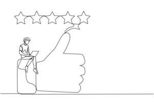 Single one line drawing young smiling man sitting on thumbs up typing on laptop computer. Happy satisfied man giving five gold stars. Online shop review. Continuous line design graphic illustration vector