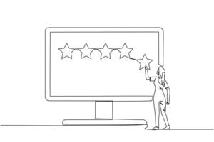 Continuous one line drawing woman standing trying to stick 1 star on the big monitor. Giving five star feedback. Giving stars quality result. Giving review. Single line draw design vector illustration