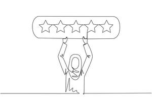 Single continuous line drawing young Arabian woman holding rating board which contains 5 stars. Star rating. Positive review. Online shopping with give 5 rating. One line design vector illustration