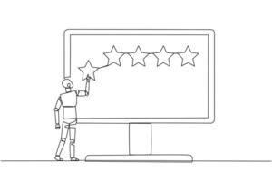 Single one line drawing robotic standing and trying to stick one star on big monitor. Giving 5 star feedback. Giving stars quality result. Giving review. Continuous line design graphic illustration vector
