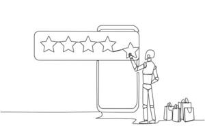 Continuous one line drawing robot standing facing giant smartphone trying to stick one star, that it becomes 5 stars. Reviews given to online stores. Future tech. Single line draw vector illustration