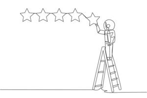 Single one line drawing astronaut climbs a ladder carry 1 star, making it 5 stars in a row. Give very good recommendation to the seller. Cosmic deep space. Continuous line design graphic illustration vector