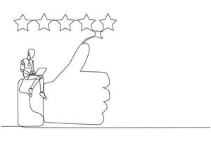 Continuous one line drawing robotic artificial intelligence sitting on thumbs up typing on laptop. Happy satisfied robot giving 5 gold stars. Online shop review. Single line draw vector illustration