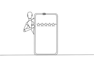 soltero uno línea dibujo robótico soportes detrás gigante teléfono inteligente, pero cabeza y cuerpo Aparecer y manos dar pulgares arriba gesto. en línea tienda concepto. revisión 5 5 estrella. ai tecnología continuo línea diseño gráfico vector