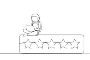 Single continuous line drawing young happy astronaut sitting on rating board typing laptop computer. Give 5 stars and a very satisfying review. Online shopping. One line design vector illustration