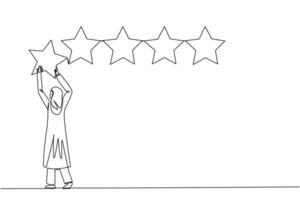 Single one line drawing young Arabian woman holding up a star with both hands and pasting it up to make 5 stars in a row. Give the best review. Online shop. Continuous line design graphic illustration vector