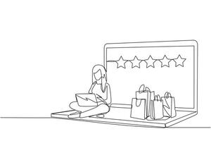 Single continuous line drawing happy woman sitting on giant laptop typing on laptop computer. Bought a lot from online shop. Give a rating of 5 stars. Ecommerce. One line design vector illustration