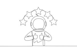 Single continuous line drawing astronaut giving two thumbs up, above head there are 5 stars forming semicircle. Exciting online shopping experience. Review 5 star. Cosmic. One line vector illustration