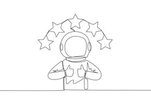 Single continuous line drawing astronaut giving two thumbs up, above head there are 5 stars forming semicircle. Exciting online shopping experience. Review 5 star. Cosmic. One line vector illustration