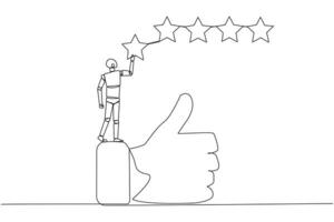 Single continuous line drawing robot standing on the thumbs up wants to attach the stars to form 5 stars in a row. Give review or good feedback. Artificial intelligence. One line vector illustration