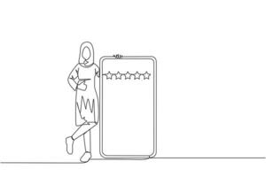 Single one line drawing young happy Arabian woman stands casually next to a large smartphone, other hand giving a thumbs up gesture. Give review five star. Continuous line design graphic illustration vector