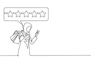 Continuous one line drawing happy Arabian woman holding several shopping bags. Other hand typing on the smartphone gives a 5 star review. Online shopping. Single line draw design vector illustration