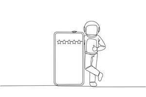 Single continuous line drawing astronaut stands casually next to a large smartphone, other hand giving a thumbs up gesture. Give review five star. Cosmonaut deep space. One line vector illustration