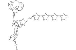 Single continuous line drawing young happy woman flying with balloon carry 1 star and wants to align it with the other 4 stars. Trying to give a perfect rating. One line design vector illustration