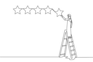 Single continuous line drawing young energetic Arabian man climbs a ladder carrying 1 star, making it 5 stars in a row. Give very good recommendation to the seller. One line design vector illustration