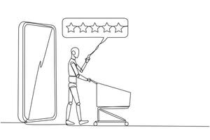 continuo uno línea dibujo robot caminado fuera de grande teléfono inteligente mientras emprendedor un compras carretilla. cinco estrellas clasificación revisar. mi comercio. revisión a vendedor. ai tecnología soltero línea dibujar vector ilustración