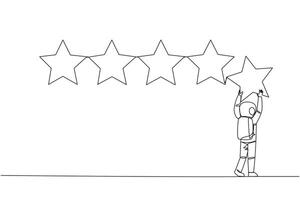 Single one line drawing astronaut holding up a star with both hands and pasting it up to make 5 stars in a row. Give the best review. Online shop. Cosmic. Continuous line design graphic illustration vector