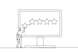 Single continuous line drawing man standing and trying to stick one star on the big monitor. Giving five star feedback. Giving stars quality result. Giving review. One line design vector illustration