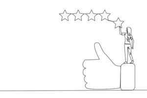 Single continuous line drawing young happy smiling woman standing on the thumbs up wants to attach the stars to form 5 stars in a row. Give review or good feedback. One line design vector illustration