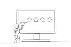 Single continuous line drawing astronaut standing and trying to stick one star on big monitor. Giving 5 star feedback. Giving star quality result. Giving review. Galaxy cosmic. One line design vector