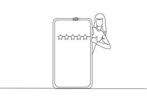 Continuous one line drawing woman stands behind big smartphone, head and body appear and hands give thumbs up gesture. Online shop concept. Review 5 star. Single line draw design vector illustration