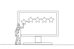 Single one line drawing Arabian man standing and trying to stick one star on the big monitor. Giving 5 star feedback. Giving stars quality result. Giving review. Continuous line graphic illustration vector