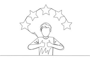 Continuous one line drawing man giving two thumbs up, above head there are 5 stars forming semicircle. Exciting online shopping experience. Review 5 stars. Single line draw design vector illustration