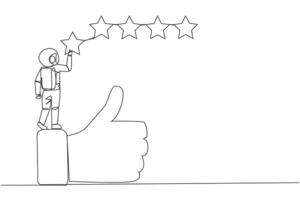 Single one line drawing astronaut standing on the thumbs up wants to attach the stars to form 5 star in a row. Give review or good feedback. Cosmonaut deep space. Continuous line graphic illustration vector