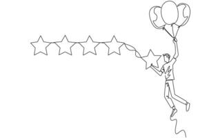 Single one line drawing young happy man flying in a balloon carries 1 star and wants to align it with the other 4 stars. Trying to give a perfect rating. Continuous line design graphic illustration vector