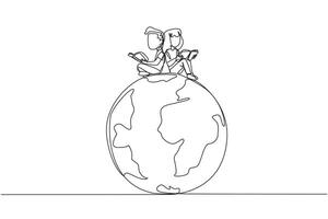 Single one line drawing happy kids sitting on big globe reading a book. The metaphor of reading can reach the world. Read everywhere. Book festival concept. Continuous line design graphic illustration vector