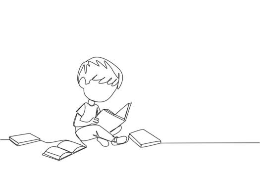 Single continuous line drawing boy sitting relaxed in a library reading a lot of books. Looking for answers to school assignments. Reading hobby. Book festival. One line design vector illustration