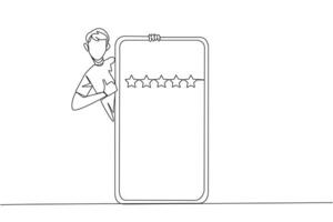 Single one line drawing man stands behind giant smartphone, but head and body appear and hands give thumbs up gesture. Online shop concept. Review 5 stars. Continuous line design graphic illustration vector