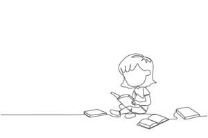 Single one line drawing girl sitting relaxed in a library reading a lot of books. Looking for answers to school assignments. Reading hobby. Book festival. Continuous line design graphic illustration vector