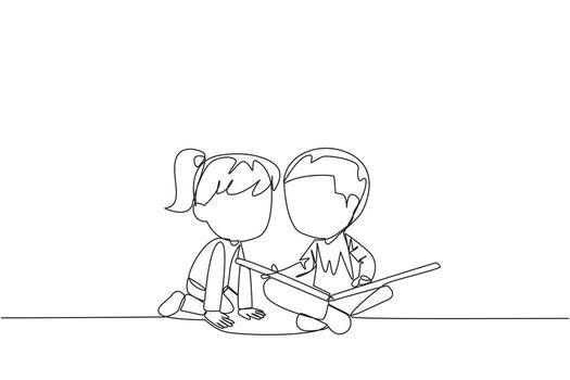 Continuous one line drawing kids sit down and put reading book on feet. Interesting to read the complete geographic map. Eliminate curiosity. Book festival. Single line draw design vector illustration