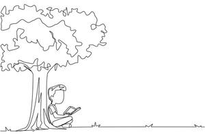 Single continuous line drawing boy sitting reading a book under shady tree. Continuing the second volume of the fiction story book. Enjoy reading. Book festival. One line design vector illustration