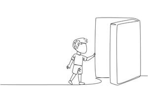 Single continuous line drawing boy opened the book-shaped door. Books can open mind and see everywhere. Increase knowledge about the wider world. Book festival. One line design vector illustration