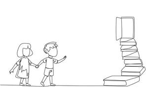 Continuous one line drawing kids climb the stairs from the book stack. Towards the wide open door. Metaphor of finding answers from books. Book festival. Single line draw design vector illustration