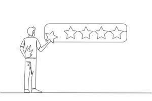 Single one line drawing happy man standing holding 1 star and wants to make it 5 star array. Satisfied customers and give a perfect rating. Star rating. Continuous line design graphic illustration vector