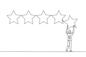 Continuous one line drawing young man stood holding up a star with both hands and pasting it up to make 5 stars in a row. Give the best review. Online shop. Single line draw design vector illustration