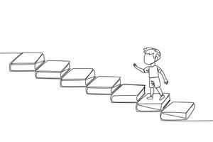 Continuous one line drawing boy climb stairs from books. Reading increases knowledge which can increase the dignity of a better life. Book festival concept. Single line draw design vector illustration