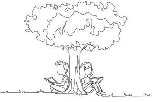 Single one line drawing the kids sitting reading a book under shady tree. They do group study summarizing story books. Enjoy reading. Book festival concept. Continuous line design graphic illustration vector