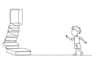 Continuous one line drawing boy climb the stairs from the book stack. Towards the wide open door. Metaphor of finding answers from books. Book festival. Single line draw design vector illustration