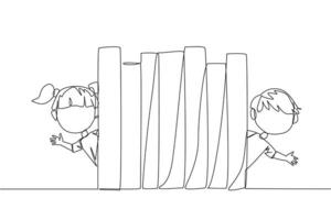 Single one line drawing the kids appears from behind a row of books. Invitation to read books at the library. Like to reading a book. Book festival concept. Continuous line design graphic illustration vector