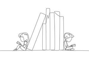 Single continuous line drawing kids reading sitting leaning against a pile of books. Habit of reading books every day. Library. Good habit. Book festival concept. One line design vector illustration